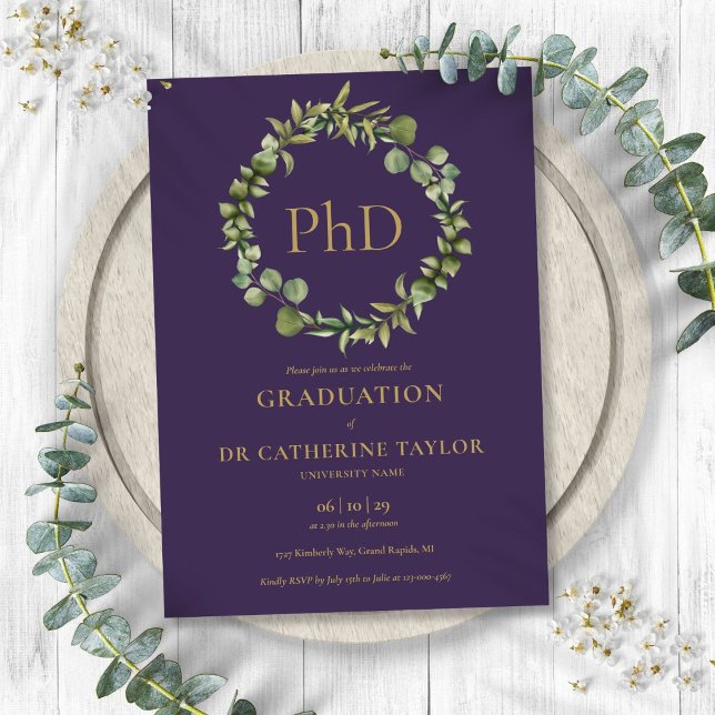 Invitación Fiesta de graduación de Doctorado con guirnalda pú (PhD Degree Purple Garland Graduation Party Invitation)