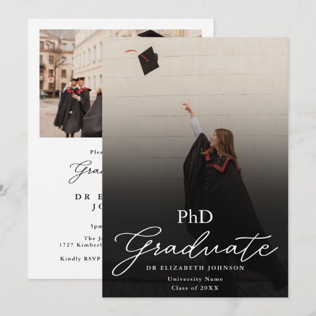 Invitación Fiesta de graduación de doctorado con letra elegan (Anverso / Reverso)