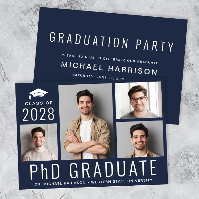 Invitación Fiesta de graduación de doctorado PhD 5 Foto Azul (PhD Doctorate 5 Photo Blue Graduation Party Invitation)