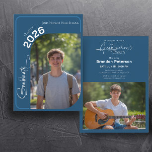 Invitación Fiesta de Graduación de Dos Fotos Simple Azul Mari