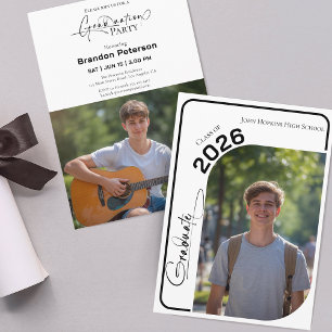 Invitación Fiesta de Graduación de Dos Fotos Simple en Blanco