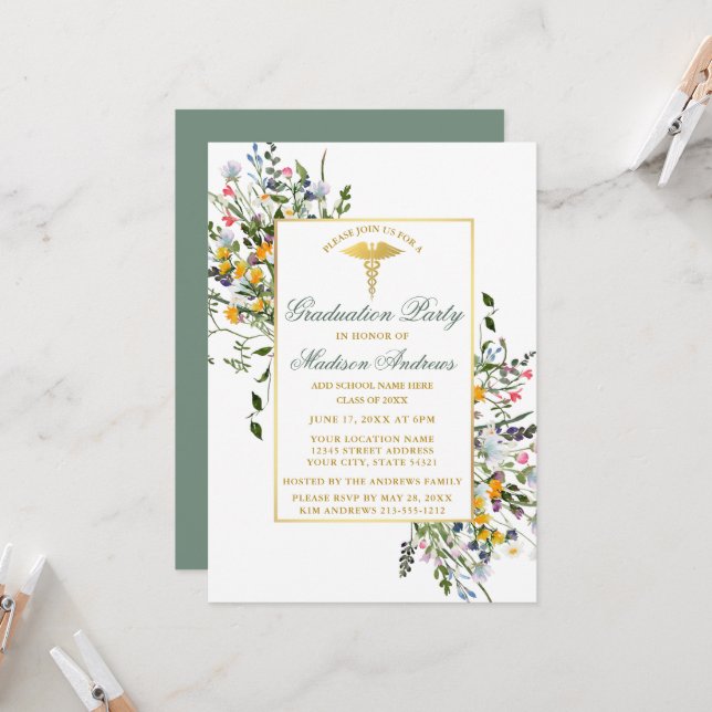 Invitación Fiesta de graduación de enfermera con flores silve (Anverso/Reverso In Situ)