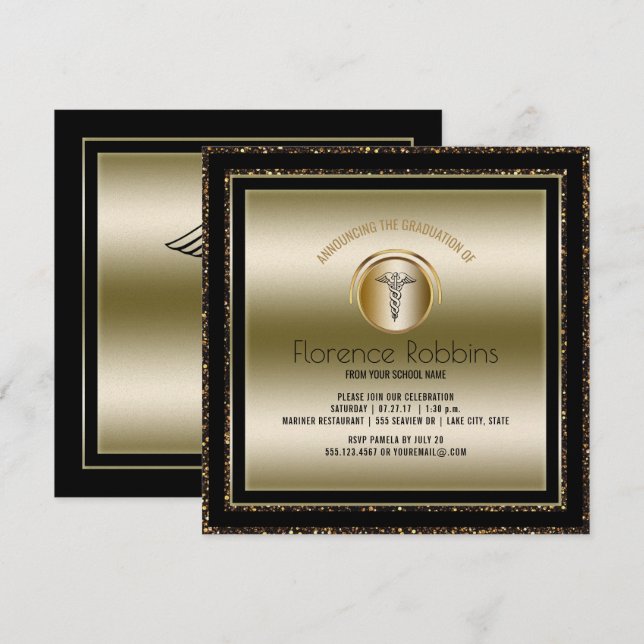 Invitación Fiesta de graduación de enfermera de oro| Ceremoni (Anverso / Reverso)