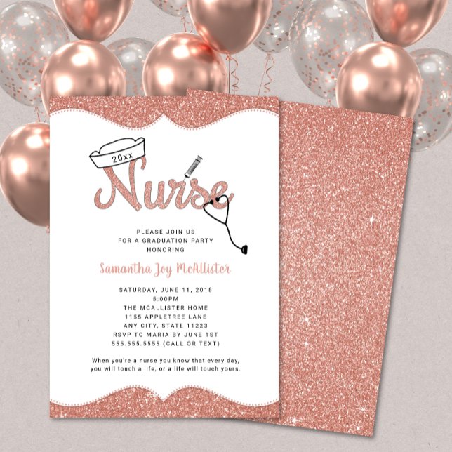 Invitación fiesta de graduación de enfermera, purpurina rosa  (Subido por el creador)
