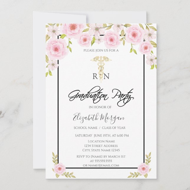 Invitación Fiesta de Graduación de Enfermera RN Flores de Pri (Anverso)