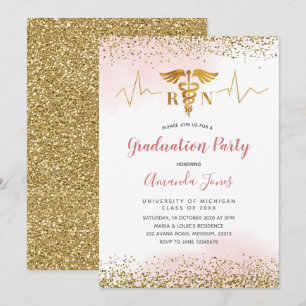 Invitación Fiesta de graduación de Enfermeras RN Gold y Pink