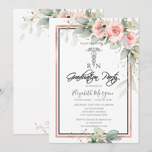Invitación Fiesta de graduación de enfermería Boho Roses (Anverso / Reverso)