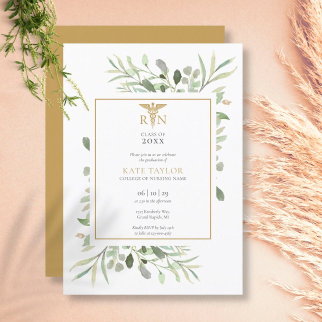 Invitación Fiesta de Graduación de Enfermería RN de Oro Verde (Greenery Gold RN Nursing Graduation Party Invitation)