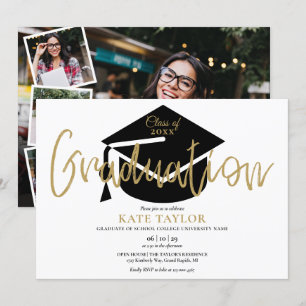 Invitación Fiesta de Graduación de Escritura Dorada con 4 Fot