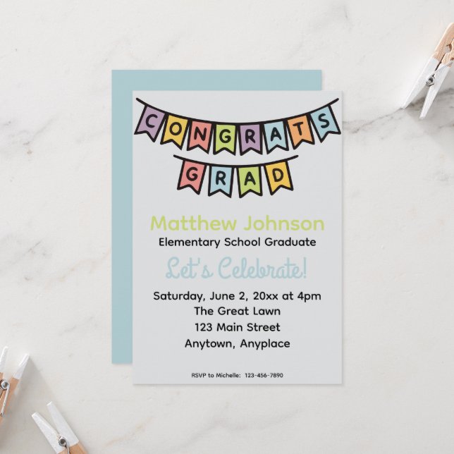 Invitación Fiesta de Graduación de Escuela Primaria (Anverso/Reverso In Situ)