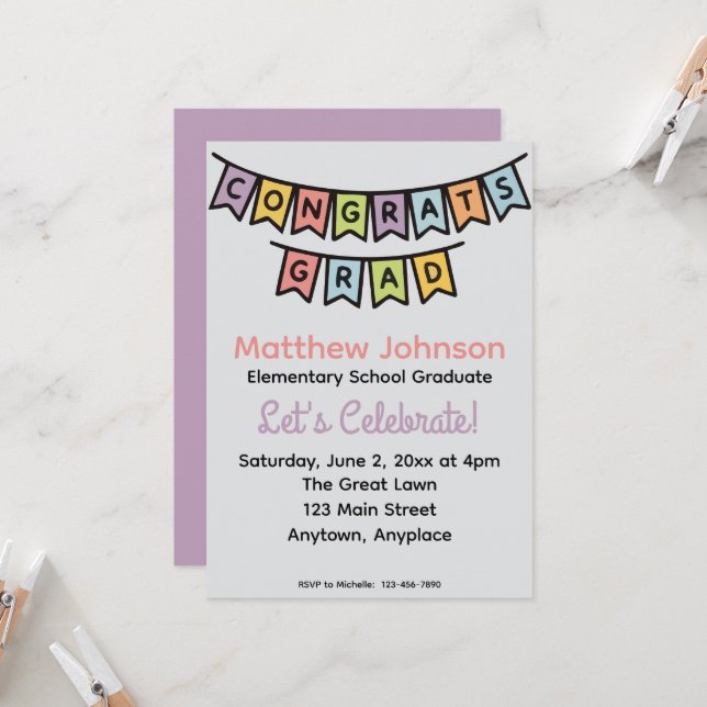 Invitación Fiesta de Graduación de Escuela Primaria (Anverso/Reverso In Situ)