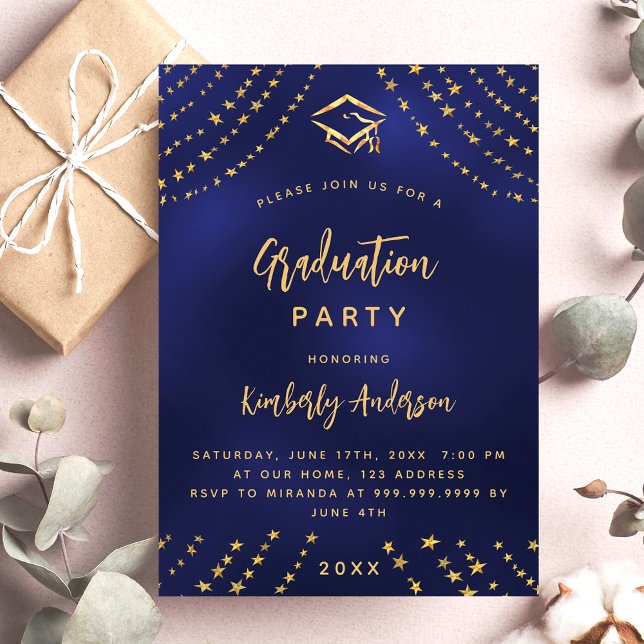 Invitación Fiesta de graduación de estrellas de oro azul mari (Subido por el creador)
