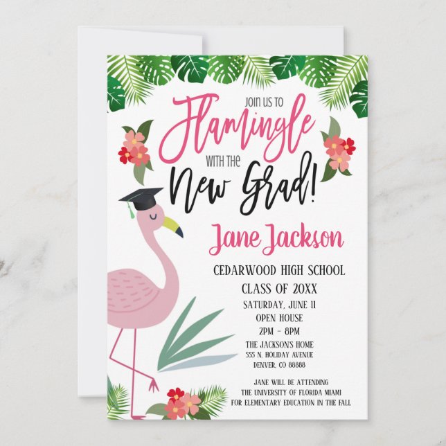 Invitación Fiesta de Graduación de Flamenco Flamingle (Anverso)