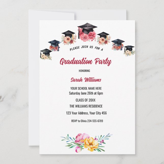 Invitación Fiesta de graduación de Floral y gorras (Anverso)