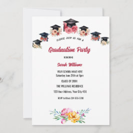 Invitación Fiesta de graduación de Floral y gorras