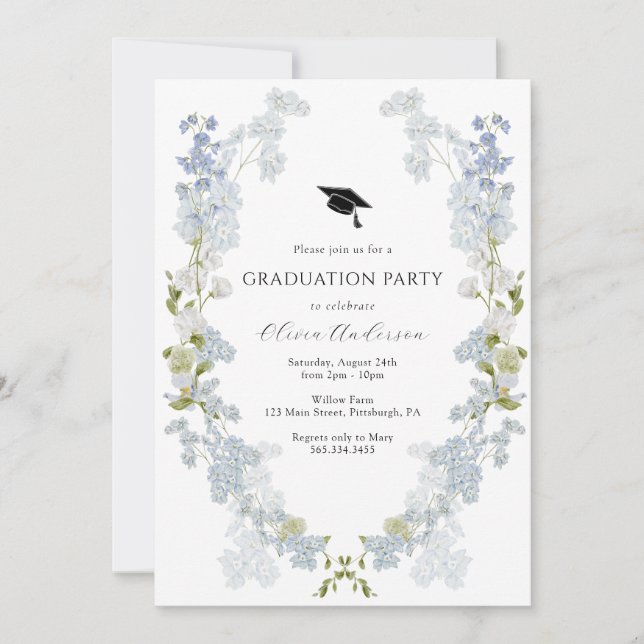 Invitación Fiesta de Graduación de Flores Azules (Anverso)