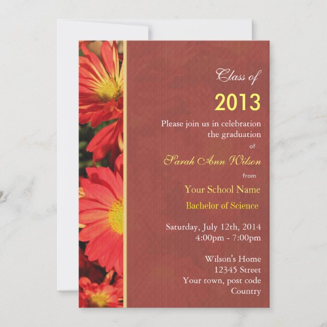 Invitación fiesta de graduación de flores de jardín naranja (Anverso)
