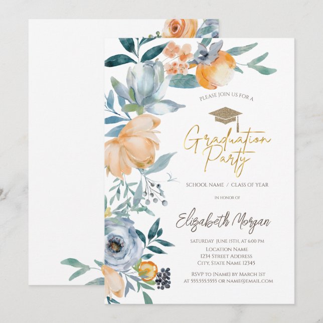 Invitación Fiesta de graduación de flores pastel acuarela (Anverso / Reverso)