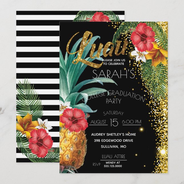 Invitación Fiesta de graduación de flores tropicales Purpurin (Anverso / Reverso)