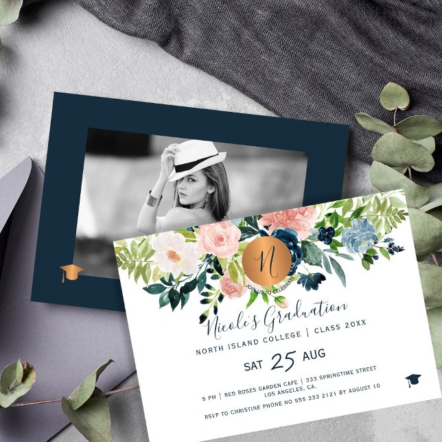 Invitación Fiesta de graduación de FOTO 2024 elegante floral (Subido por el creador)