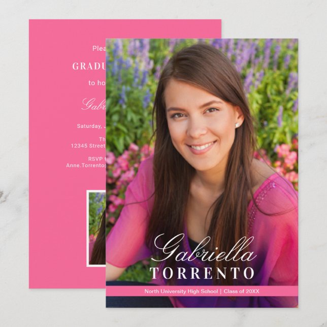 Invitación Fiesta de Graduación de Foto con Elegante Letra Ro (Anverso / Reverso)