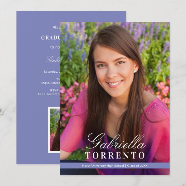 Invitación Fiesta de graduación de foto con guión elegante pe (Anverso / Reverso)