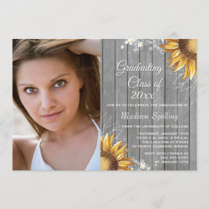 Invitación Fiesta de graduación de foto de girasoles rústicos