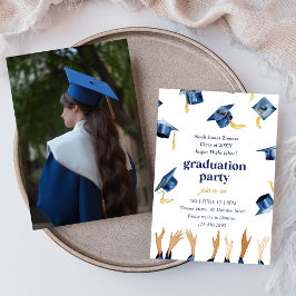 Invitación Fiesta de Graduación de Foto de Gorras Felices Azu