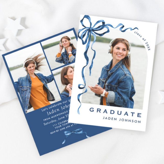 Invitación Fiesta de graduación de FOTO de la cinta azul Bow  (Subido por el creador)