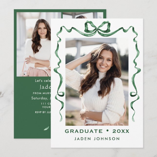 Invitación Fiesta de graduación de FOTO de la cinta verde de  (Anverso / Reverso)