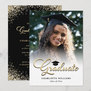 Invitación Fiesta de Graduación de Foto de Oro Negro Elegante