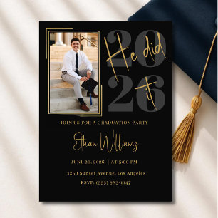 Invitación Fiesta de Graduación de Foto de Oro Negro Moderno 