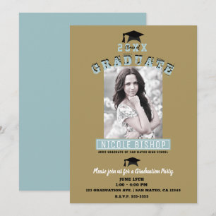 Invitación Fiesta de Graduación de Foto Dorada Azul Minimal M