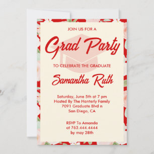 Invitación Fiesta de graduación de foto floral de marfil rojo