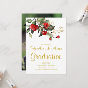 Invitación Fiesta de Graduación de Foto Floral Roja Dorada y