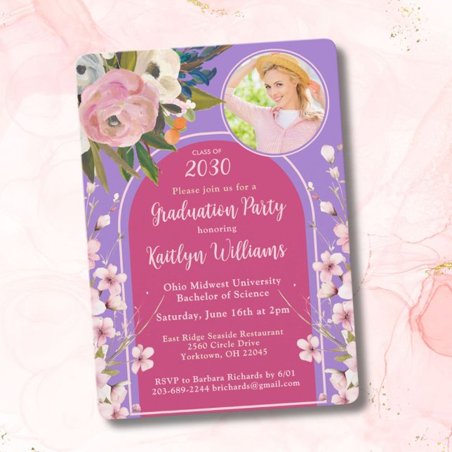 Invitación Fiesta de Graduación de Foto Floral Rosa Acuarela (Subido por el creador)