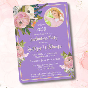 Invitación Fiesta de Graduación de Foto Floral Rosa Acuarela