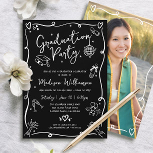 Invitación Fiesta de graduación de foto garabato a mano negro