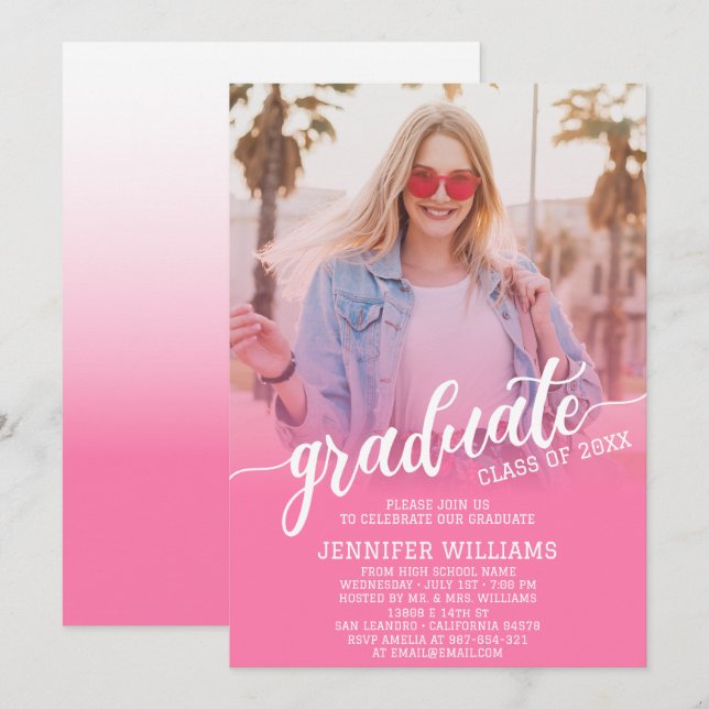 Invitación Fiesta de Graduación de Foto Graduada Rosa (Anverso / Reverso)