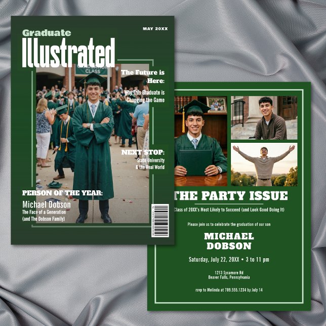 Invitación Fiesta de Graduación de Foto Verde de Revista Cuat (Magazine Four Photo Green Graduation Party Invitation)