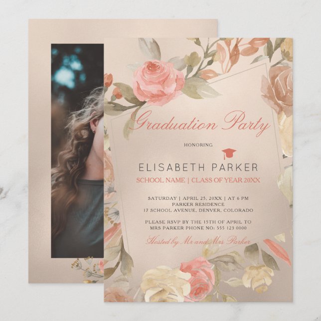 Invitación Fiesta de Graduación de Fotografía Floral de Lujo  (Anverso / Reverso)