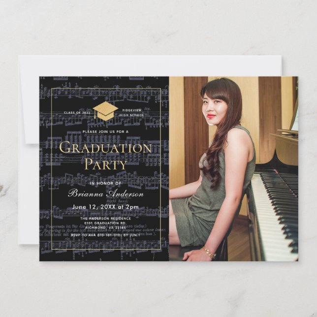 Invitación Fiesta de graduación de fotografías de color negro (Anverso)
