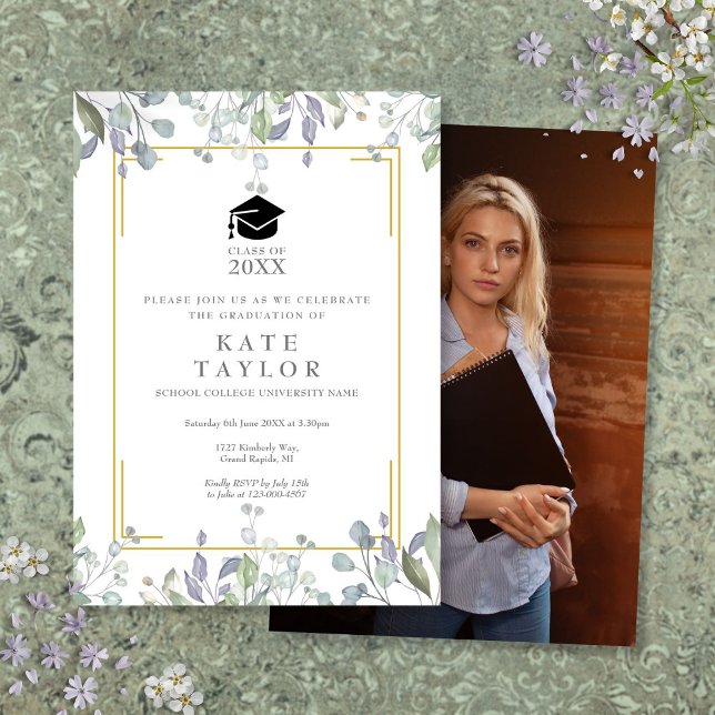 Invitación Fiesta de Graduación de Fotografías de Floral Wate (Floral Watercolor Greenery Photo Graduation Party Invitation)