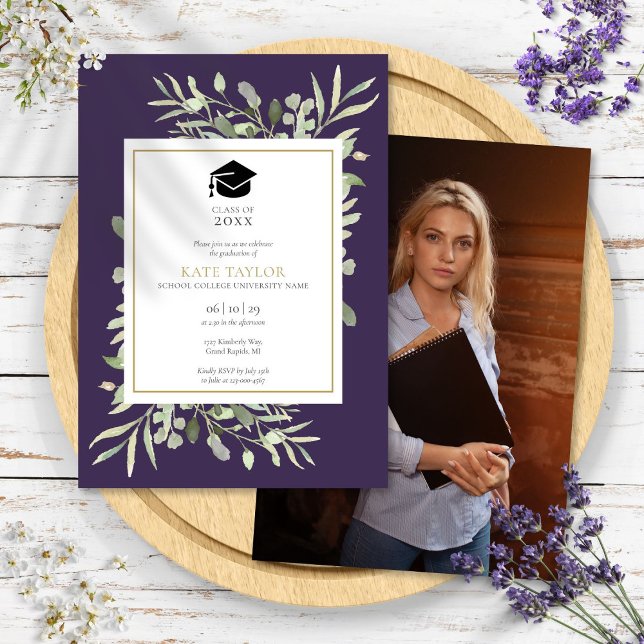 Invitación Fiesta de Graduación de Fotografías Purple Elegant (Purple Elegant Greenery Photo Graduation Party Invitation)