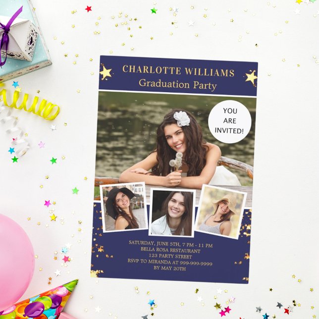 Invitación Fiesta de graduación de fotos de estrellas de oro  (Subido por el creador)