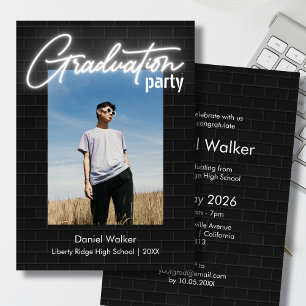 Invitación Fiesta de graduación de fotos de neón blanco y neg
