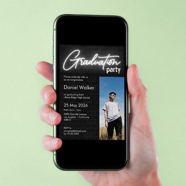 Invitación Fiesta de graduación de fotos de neón de pared bla (Subido por el creador)