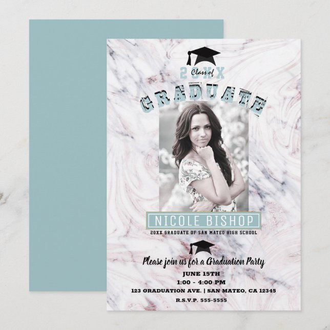 Invitación Fiesta de graduación de fotos de oro azul de mármo (Anverso / Reverso)