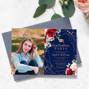 Invitación Fiesta de graduación de fotos de rosa roja y acuar