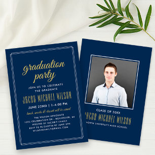 Invitación Fiesta de Graduación de Fotos en Azul Marino y Dor